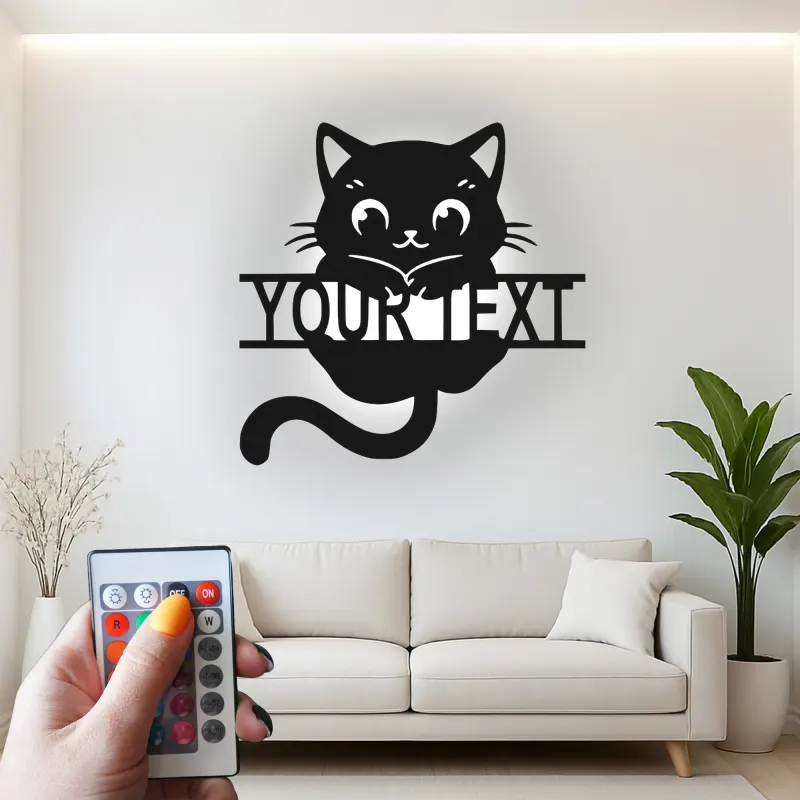 Décoration murale en métal personnalisée en forme de silhouette de chat avec rétroéclairage LED - Cadeau pour les amoureux des chats - Décor de chambre ou de salon 2