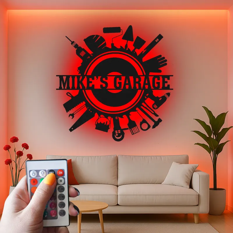 Enseigne LED personnalisée pour garage | Décoration murale en métal personnalisée avec outils | Déco atelier et man cave | Cadeau pour bricoleur