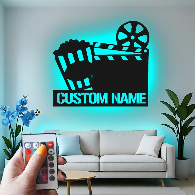 Insegna per Home Theater personalizzata | Decorazione LED per cinema | Arte in metallo con clapperboard personalizzata | Regalo per cinefili