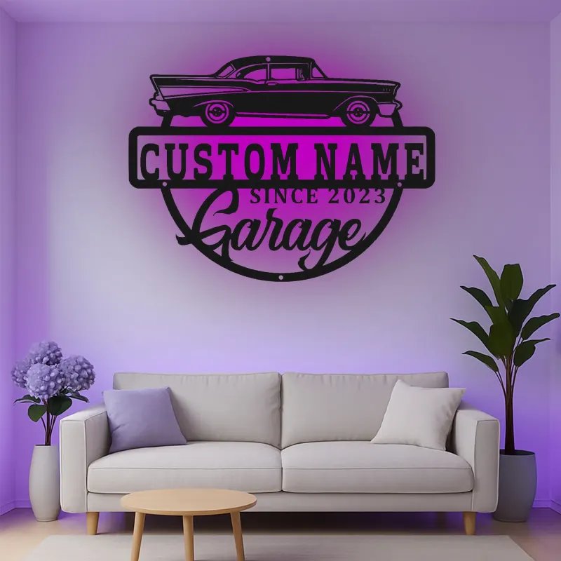 Décoration murale en métal personnalisée de voiture classique avec rétroéclairage LED - Cadeau de garage pour passionnés de voitures