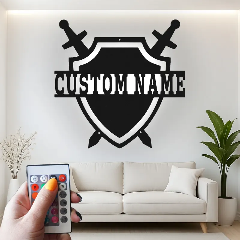 Cartel de metal personalizado con escudo y espada | Decoración mural LED con nombre a medida para sala de juegos | Decoración medieval guerrera para dormitorio juvenil
