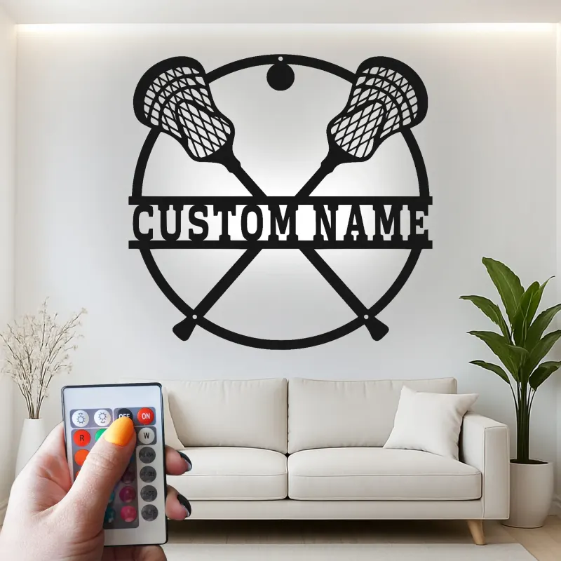 Panneau de crosse personnalisé avec LED | Art mural en métal avec prénom | Déco chambre athlète | Cadeau sportif pour garçons et ados