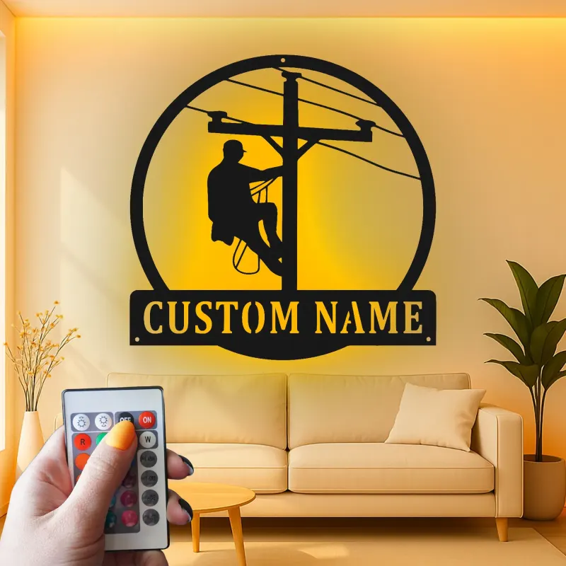 Personalized Lineman Sign | LED Metal Wall Art for Electrician | Custom Name Powerline Decor | Gift for Utility Worker Dad Husband