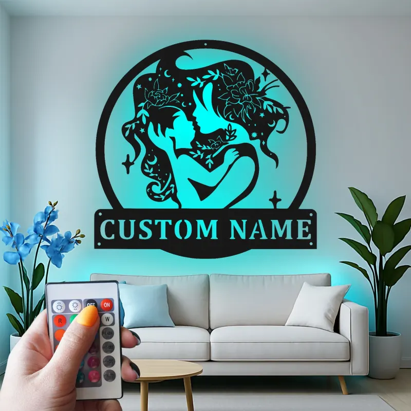 Silueta personalizada de madre e hijo | Decoración mural de metal LED | Decoración personalizada para habitación infantil y regalo para nueva mamá