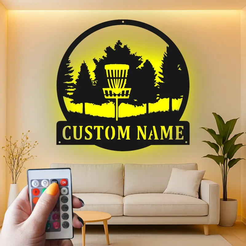 Insegna in metallo personalizzata con LED a forma di cestino per disc golf - Regalo per appassionati di disc golf - Decorazione per sala giochi 3