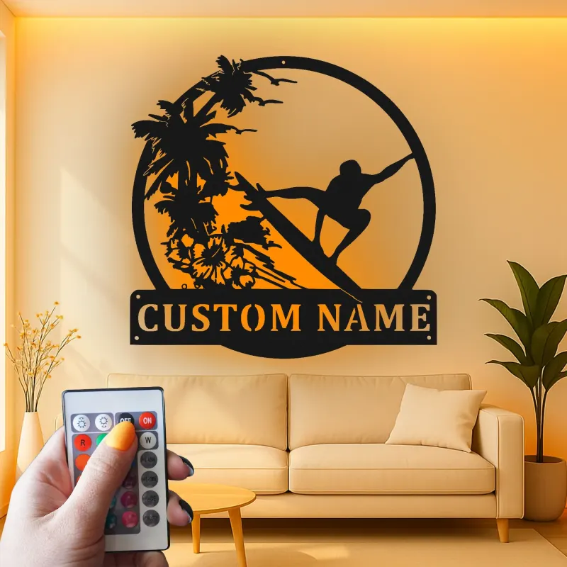 Custom Surfer Metal Wall Art | Personalized LED Beach House Decor | Tropical Wave Silhouette Sign | Gift for Ocean Lovers