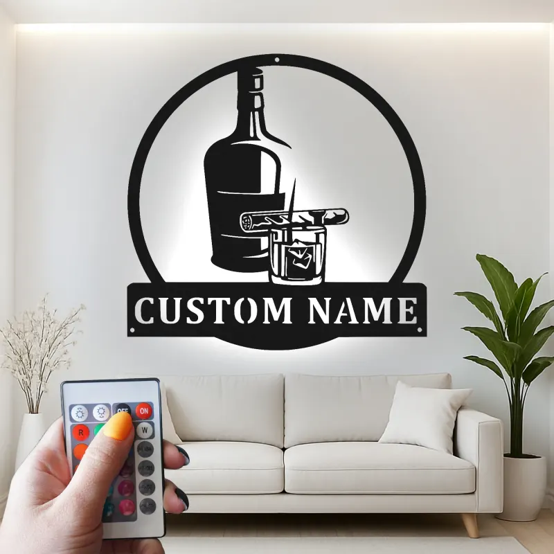 Décoration murale en métal personnalisée pour whisky et cigare avec rétroéclairage LED - Cadeau de bar personnalisé pour lui