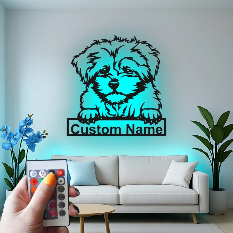 Panneau LED personnalisé Maltese | Décoration murale en métal pour chien | Cadeau pour les amoureux des chiots | Décor mémorial pour animaux