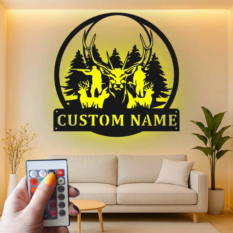 Insegna in metallo personalizzata con luce LED per famiglia di cervi - Regalo personalizzato per cacciatori, decorazione per cabin o lodge