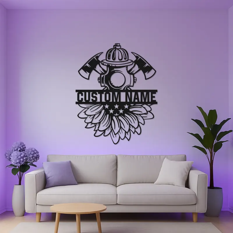 Custom Firefighter Metal Sign with LED | Personalized Fire Dept. Wall Art | Fireman Gift for Home or Station with Sunflower Decor
