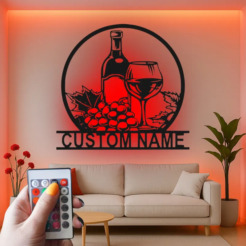 Custom Wine Bottle and Glass Led Light Metal Wall Art Personalized Wine Lover Gift Kitchen or Bar Decor