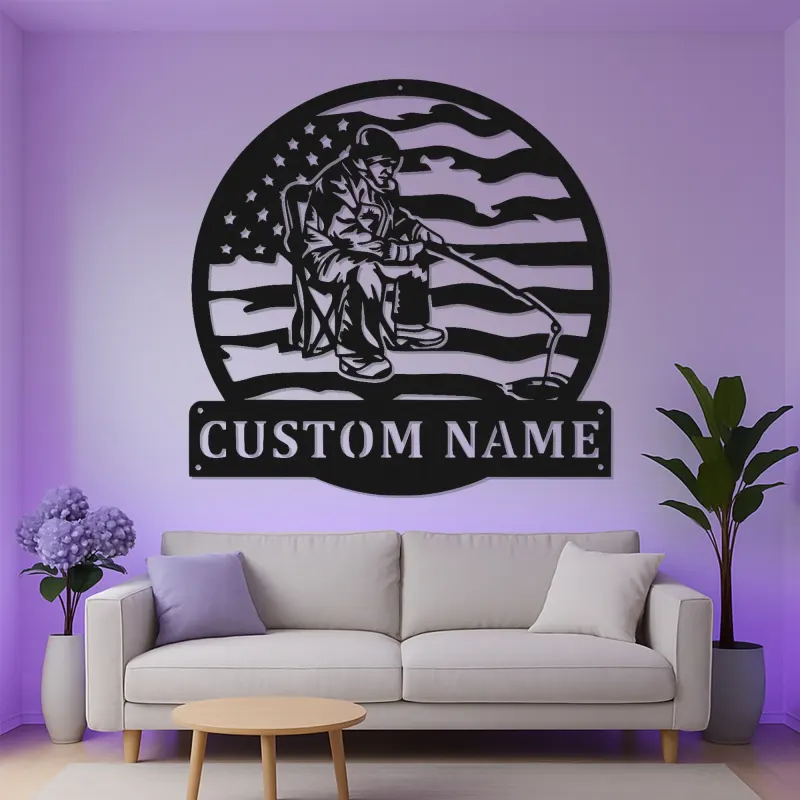 Cartel de metal personalizado de pesca con LED | Regalo para angler personalizado | Arte mural patriótico de casa de campo y cabaña