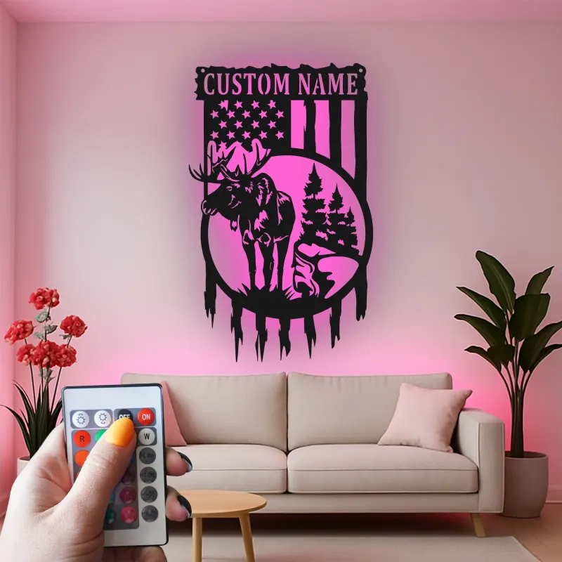Letrero LED personalizado con alce y bandera estadounidense | Arte mural de metal personalizado | Decoración rústica para cabaña para amantes de la vida al aire libre