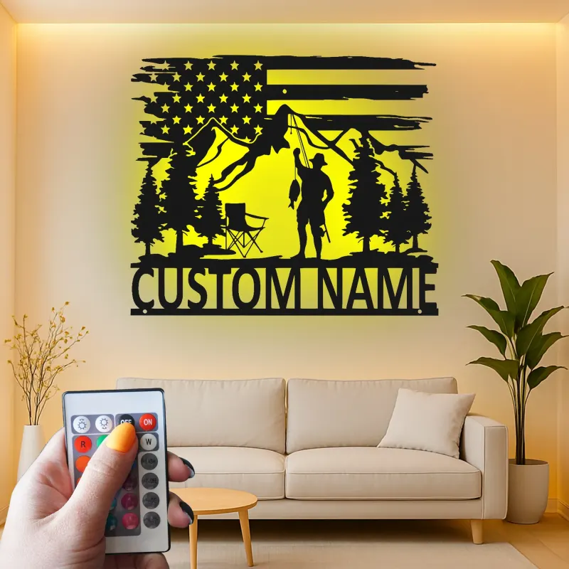 Insegna LED in metallo per pesca personalizzata | Arte da parete patriottica per pescatore | Decorazione su misura per baita e casa al lago | Regalo per pescatore