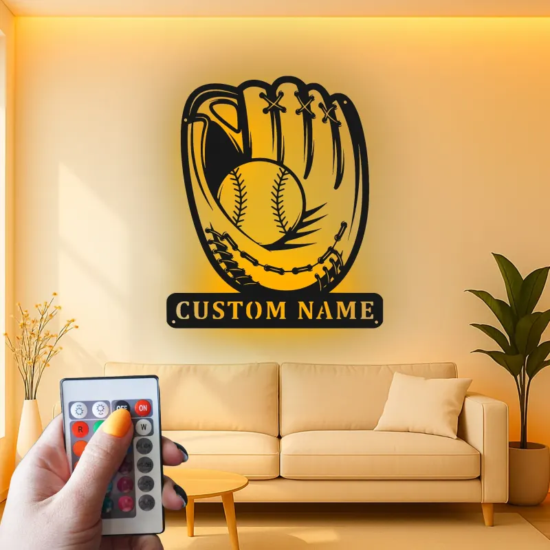 Custom Baseball Glove Led Light Metal Wall Art Personalized Sports Gift for Baseball Fans Game Room Decor