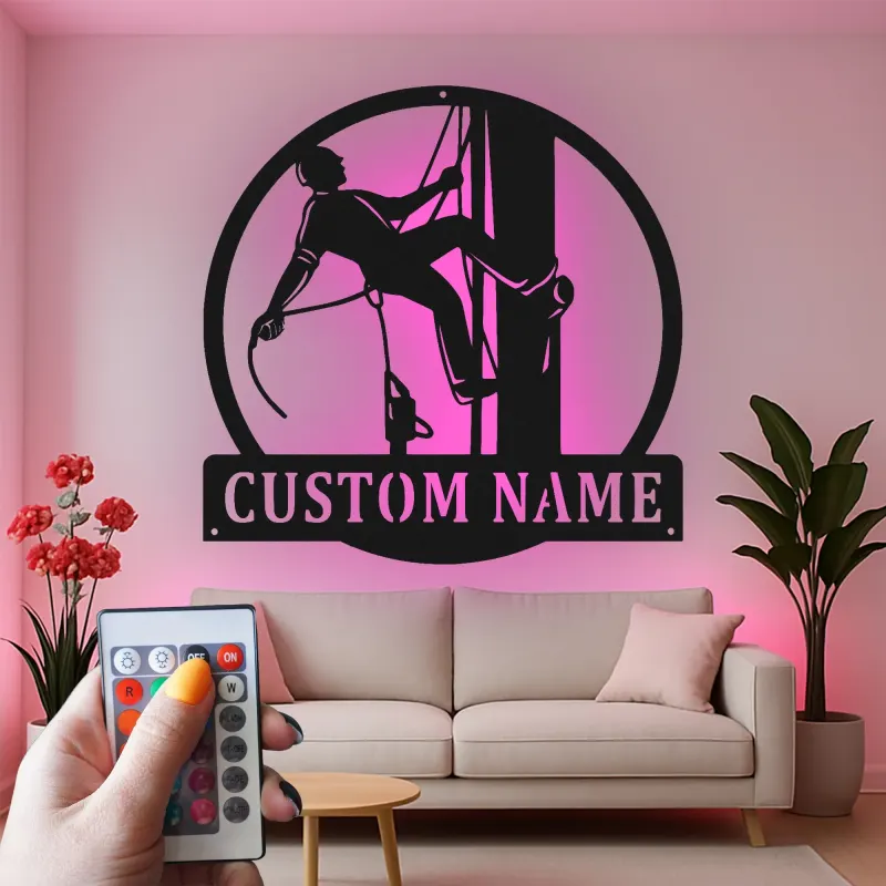 Arte murale in metallo LED Lineman personalizzata | Regalo per elettricista personalizzato | Insegna silhouette per lavoratori dei servizi pubblici per casa, ufficio o garage