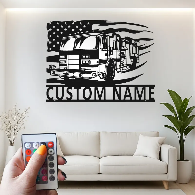 Insegna in Metallo Personalizzata per Vigile del Fuoco | Arte Murale LED Camion dei Pompieri | Regalo Personalizzato per Pompiere | Decorazione Patriottica per Stazione dei Pompieri