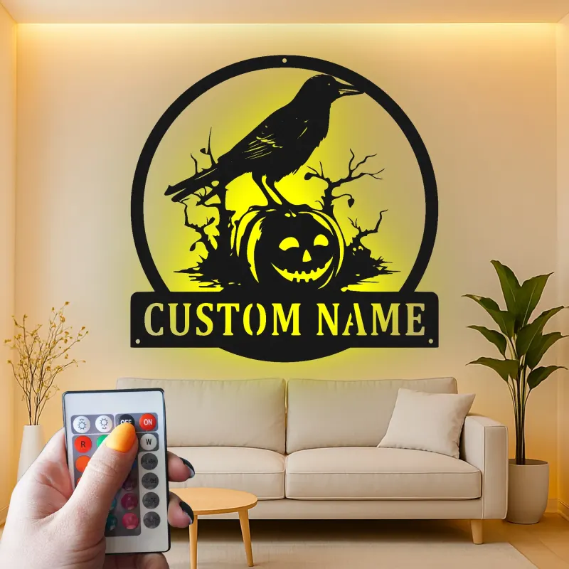 Panneau en métal personnalisé Corbeau & Citrouille | Décoration murale Halloween avec rétroéclairage | Décor effrayant personnalisé | Cadeau gothique
