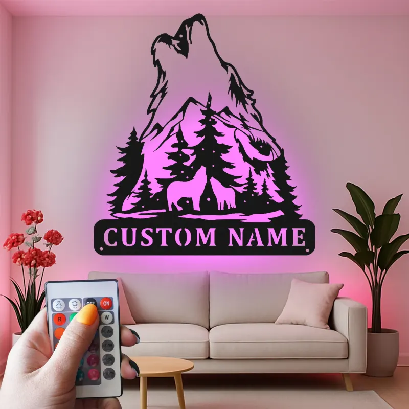 Custom Howling Wolf Led Light Metal Wall Art Personalized Gift for Nature Lovers Cabin Decor