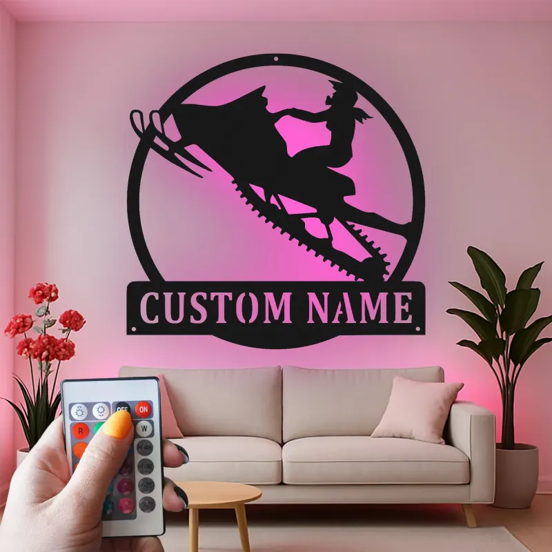 Custom Snowmobile LED Metal Sign | Personalized Rider Silhouette Wall Art | Winter Sports Decor Gift