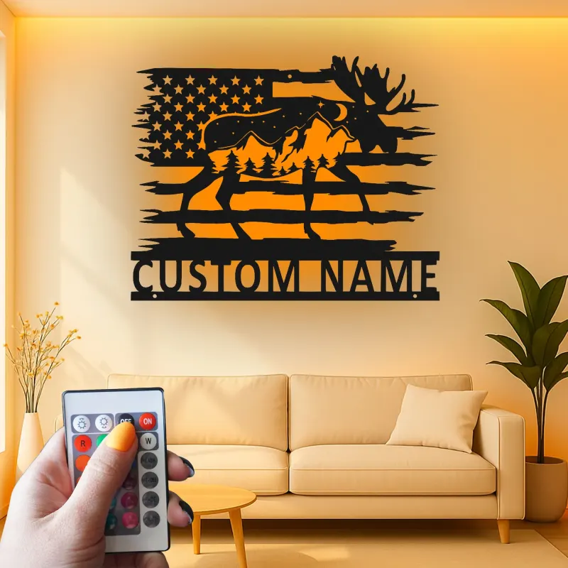 Custom Moose Metal Wall Art | Personalized LED American Flag Sign | Rustic Cabin Decor & Lodge Gift