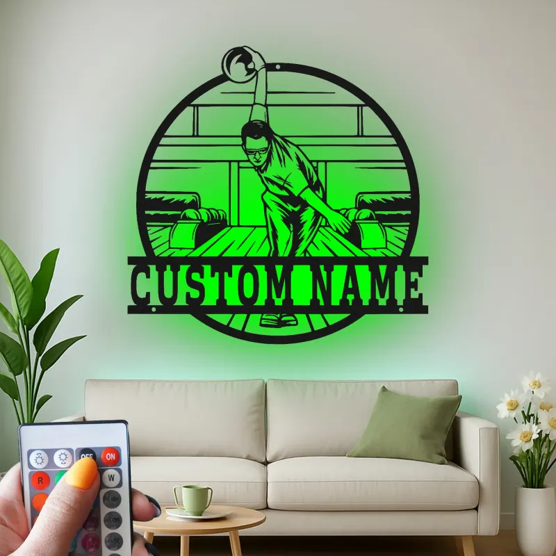 Custom Bowling Player Led Light Metal Wall Art Personalized Gift for Bowlers Game Room Decor