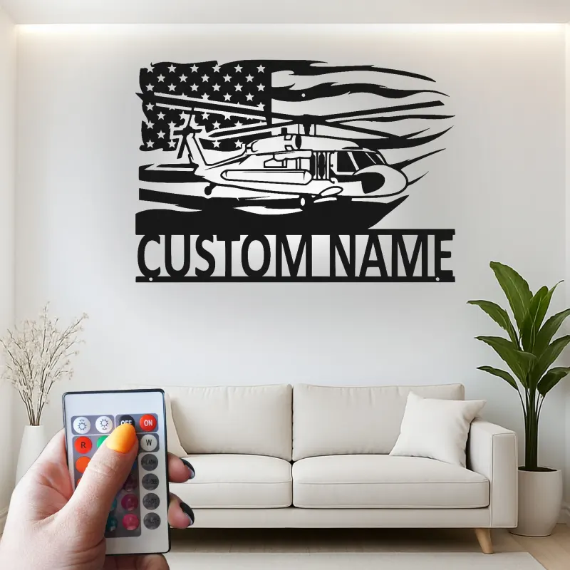 Black Hawk Helicopter LED Metal Wall Art | Personalized Pilot Gift | Custom Name Sign | Patriotic American Flag Wall Decor
