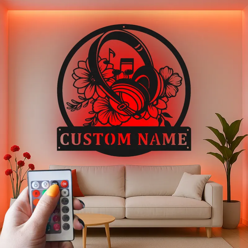 Personalisierte Metall-Wandkunst für Kopfhörer | LED-Schild für Musikstudio-Dekor | Florales Geschenk für Musiker