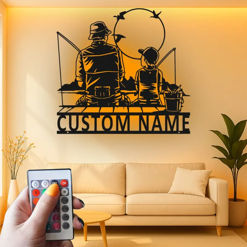 Custom Fishing LED Metal Wall Art | Personalized Father & Son Decor | Lake House & Cabin Gift