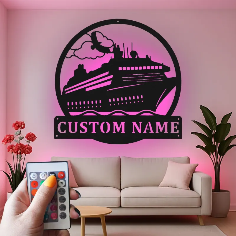 Décoration murale en métal personnalisée avec éclairage LED de bateau de croisière - Cadeau pour les amoureux de croisières - Décor nautique pour le salon