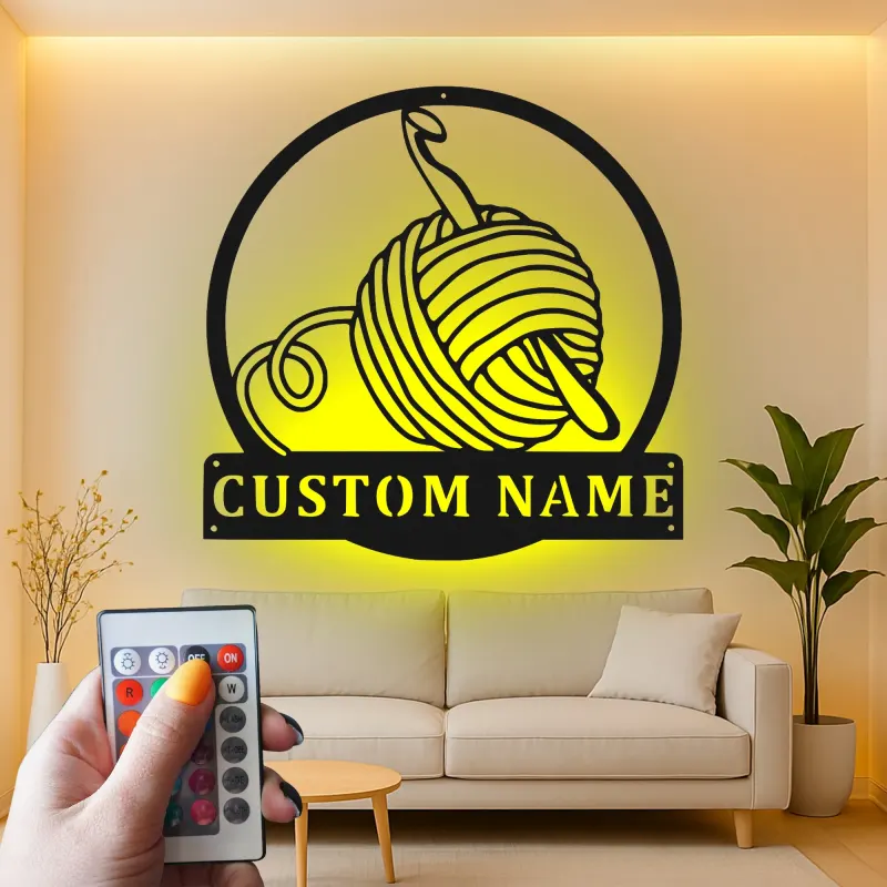 Custom Yarn and Crochet Hook Led Light Metal Wall Art Knitting Gift for Crafters Craft Room Decor