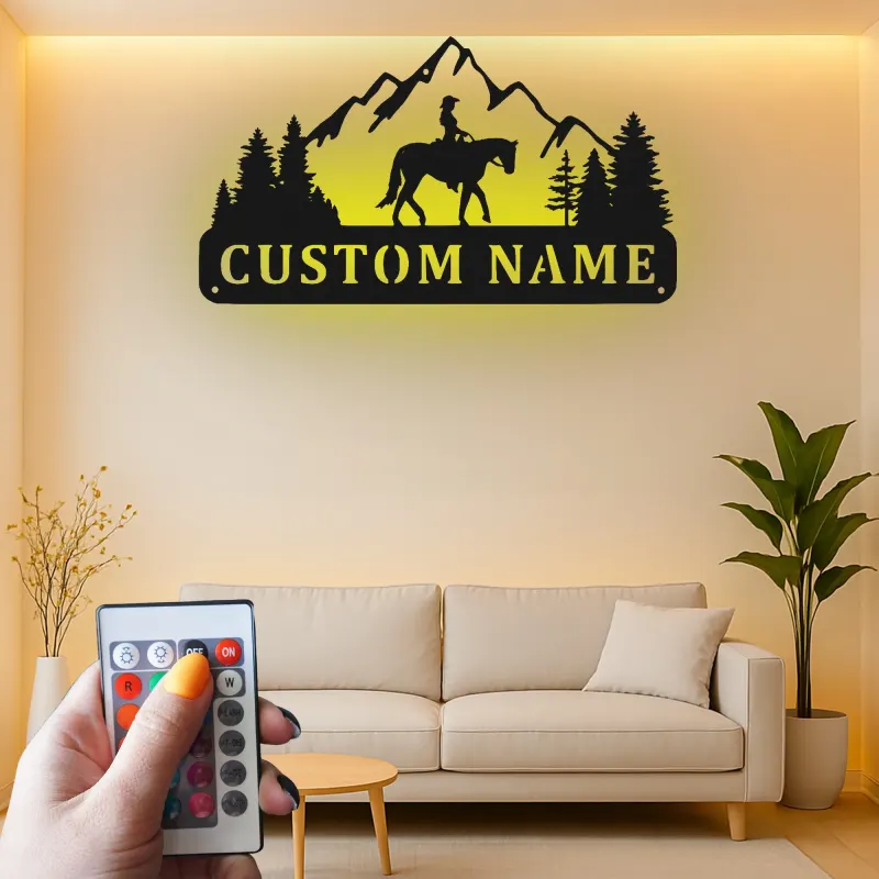 Art en métal personnalisé de cavalier de cheval | Panneau LED équestre personnalisé | Décor mural de ranch et de cabane pour cadeau