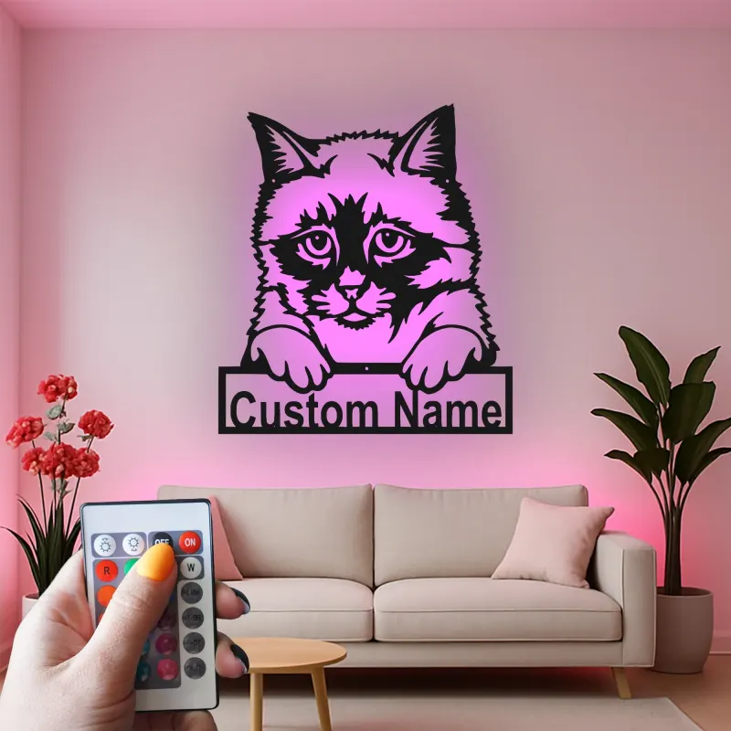 Personalisierte LED-Metall-Wandkunst mit Katze – Geschenk für Tiereltern, Deko fürs Wohnzimmer