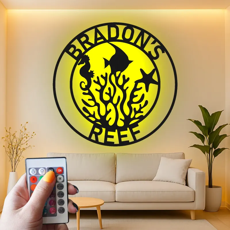 Cartel de arrecife personalizado con LED | Decoración mural de metal personalizada para casa de playa | Decoración náutica de vida marina | Regalo de caballito de mar y pez