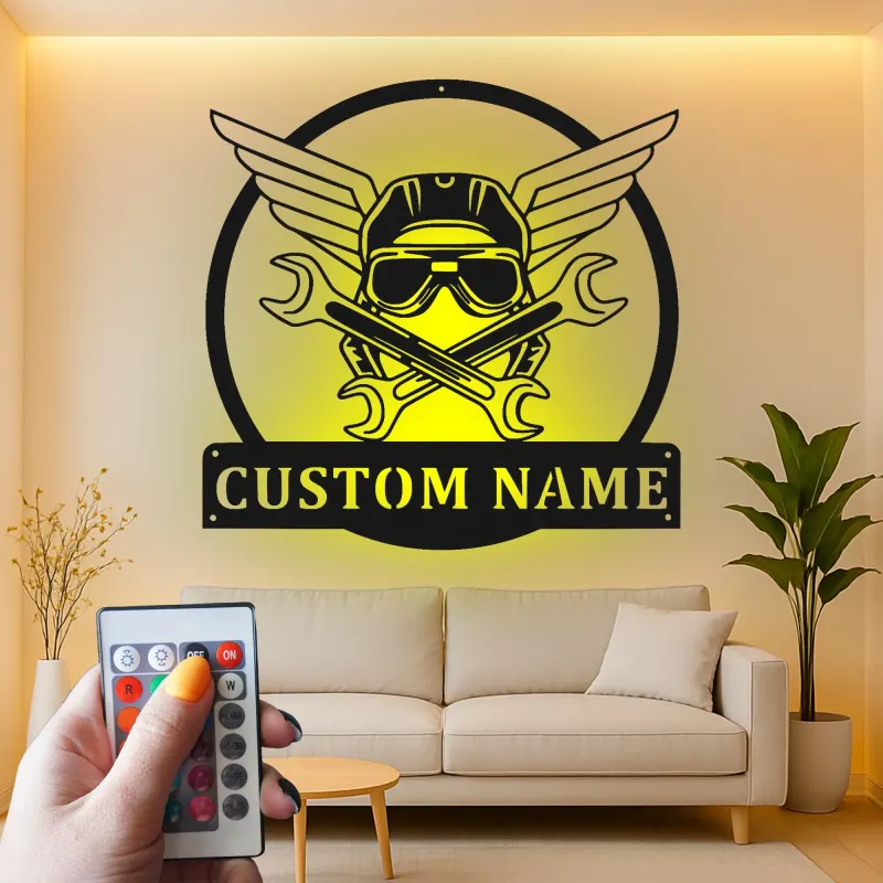 Cartel de metal personalizado de alas mecánicas con luz LED regalo para entusiastas de coches decoración de garaje