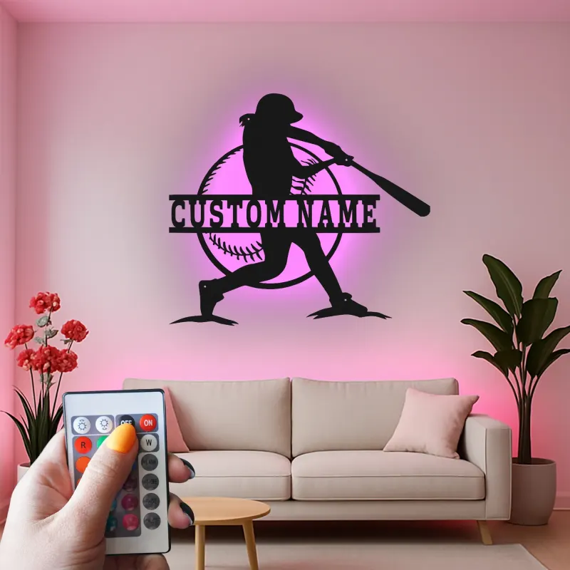 Insegna in metallo personalizzata per giocatore di softball con luce LED regalo per atleti decorazione per sala giochi sportiva 1