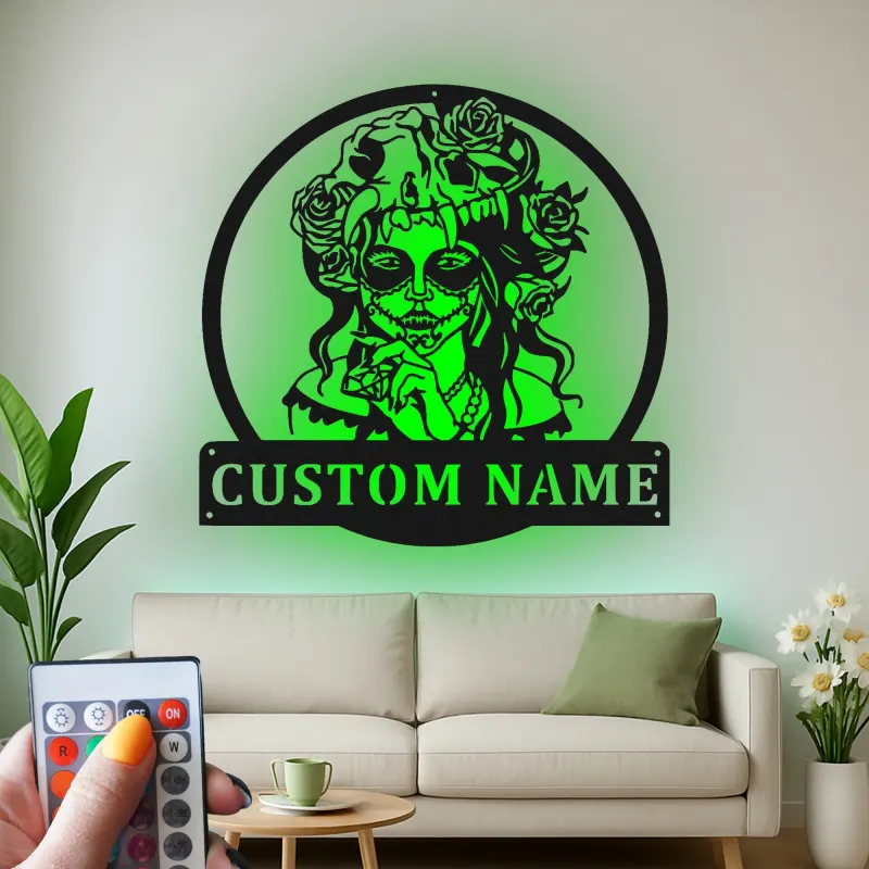 Custom Sugar Skull Metal Sign | LED Day of The Dead Wall Art | Personalized Gothic Home & Salon Decor with Nameplate