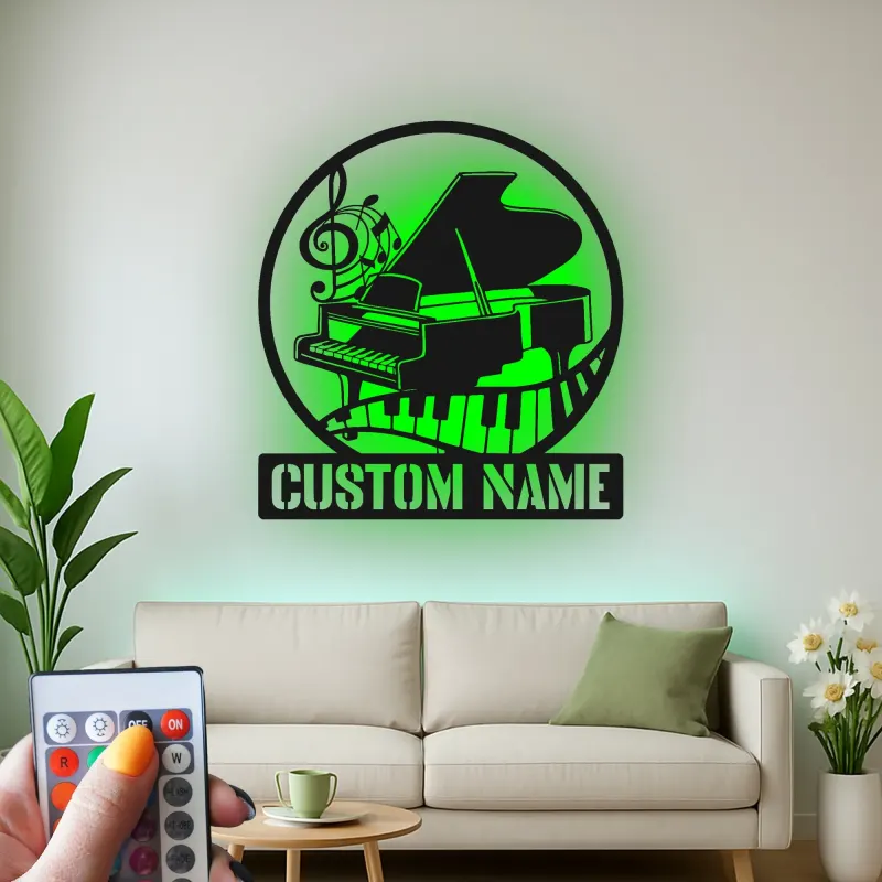 Cartel de piano personalizado con LED | Decoración mural de metal personalizada de piano de cola | Decoración de estudio de música y regalo para pianista