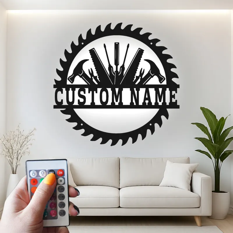 Custom Workshop Tools Led Light Metal Wall Art Personalized Gift for Handyman Garage Decor for Tool Lovers
