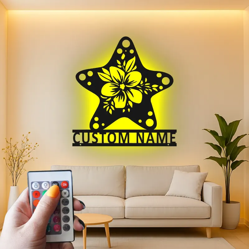 Cartel Personalizado de Hibisco y Estrella de Mar | Arte de Metal de Pared Personalizado con LED | Decoración de Casa de Playa Costera y Carteles para Salones