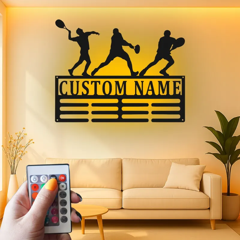Insegna in metallo personalizzata per giocatore di tennis | Arte murale LED con nome personalizzato | Decorazione per stanza sportiva per atleta, allenatore