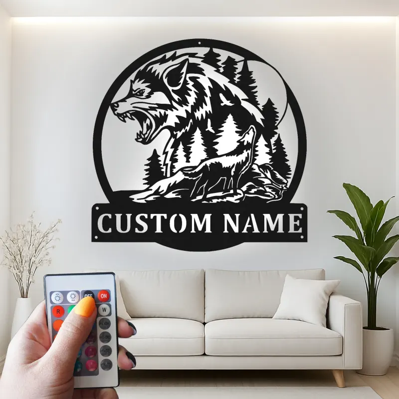 Décoration murale en métal personnalisée avec lumière LED de loup et forêt