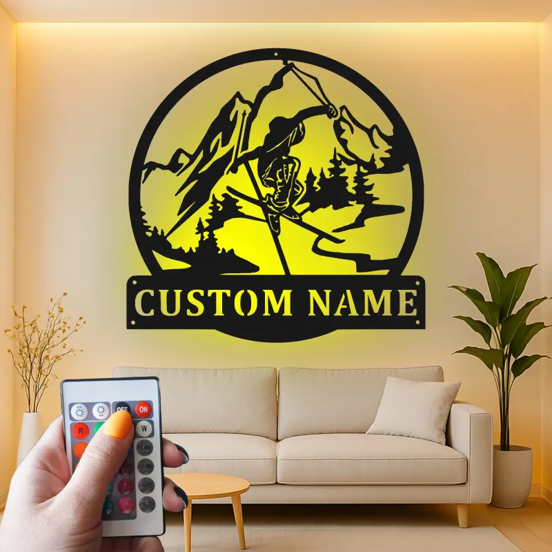 Custom Skiing Metal Wall Art | LED Lighted Mountain Sign for Cabin Decor | Personalized Winter Sports Gift for Skiers
