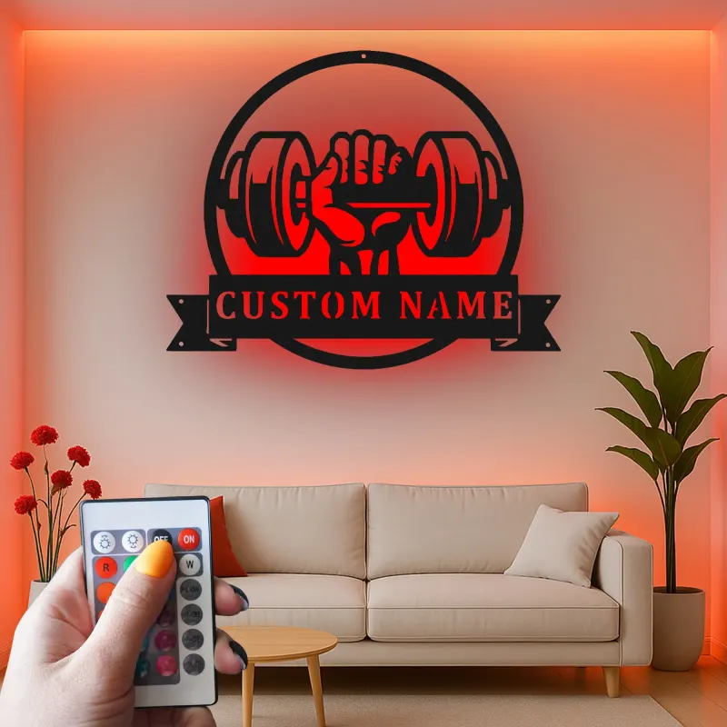 Cartel de metal LED de mancuerna para amantes del gimnasio