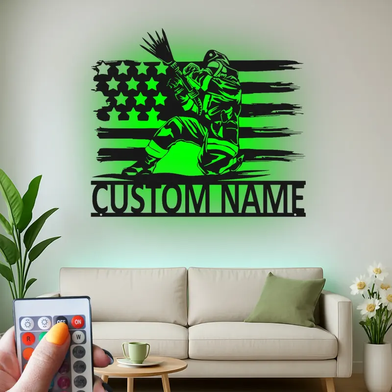 Panneau LED personnalisé pour pompier | Décoration murale en métal personnalisée avec drapeau américain | Cadeau patriotique pour pompier | Décor de caserne