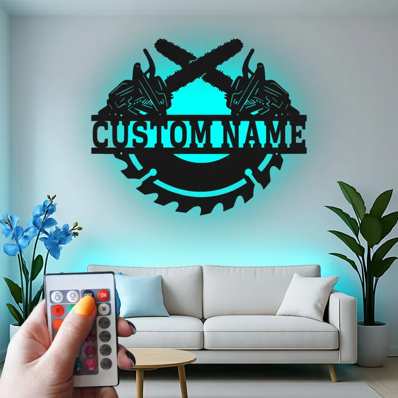 Insegna in metallo personalizzata con luce LED a forma di motosega e lama di sega, regalo unico per falegnami