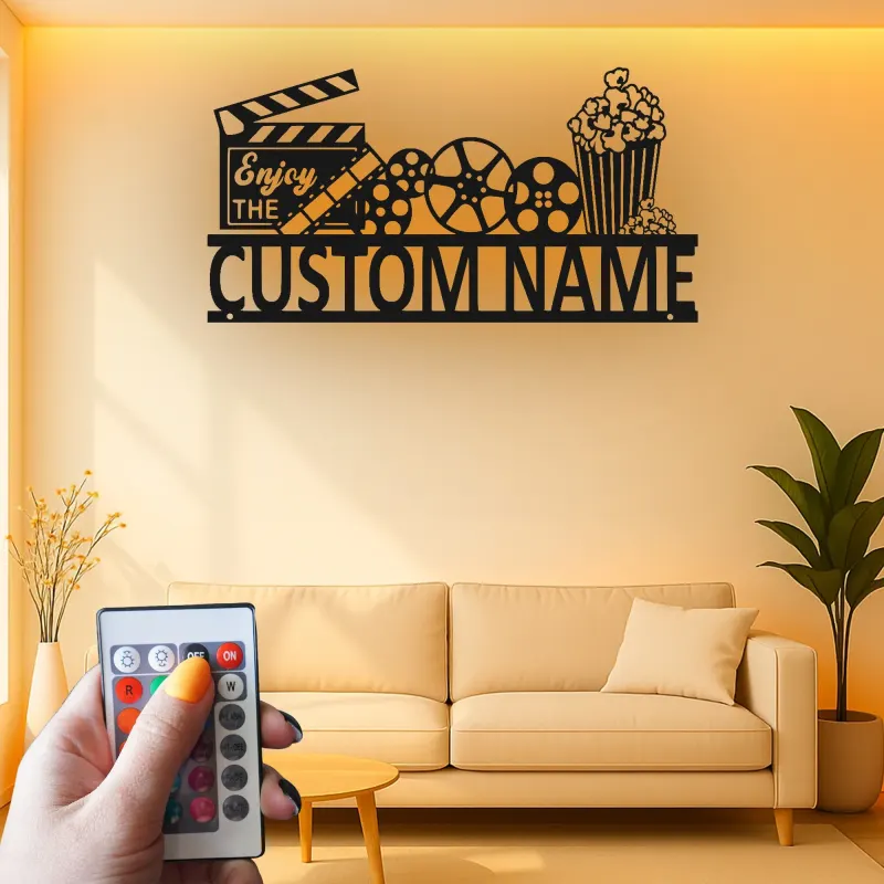 Panneau de Cinéma Personnalisé | Art mural en métal LED de Cinéma Personnalisé | Décor de Salle de Cinéma Familiale | Panneau Lumineux Bobine de Film & Popcorn