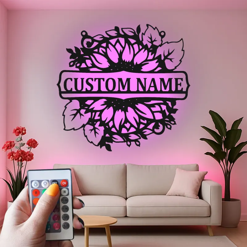 Insegna in Metallo Girasole Personalizzata | Arte da Parete Floreale LED Personalizzata | Targa con Nome per Decorazione della Casa | Regalo per Inaugurazione della Casa Boho