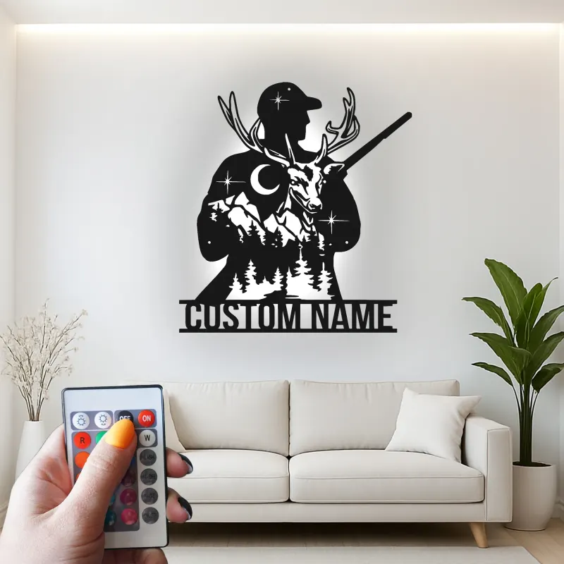 Cartel de metal personalizado de cazador y ciervo con luz LED regalo personalizado para entusiastas del aire libre decoración de man cave