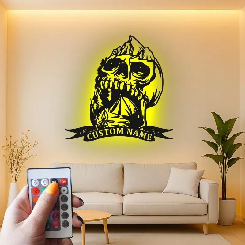 Custom Skull Mountain LED Sign | Personalized Metal Wall Art | Gothic Outdoor & Camper Decor | Rustic Cabin Gift